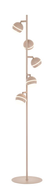 Vooraanzicht van een moderne beige vloerlamp met slanke standaard, ronde voet en vijf bolvormige lampenkappen met warm licht.