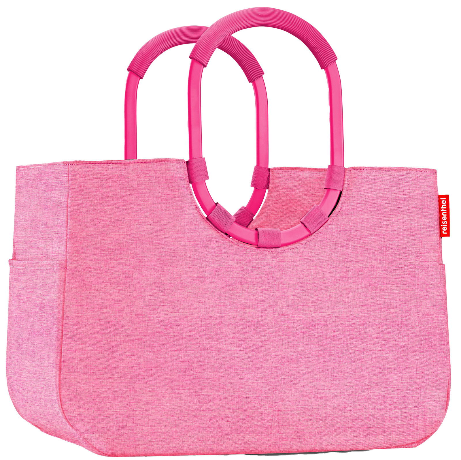 Rosa Einkaufstasche mit ovalen Griffen, seitliche Perspektive
