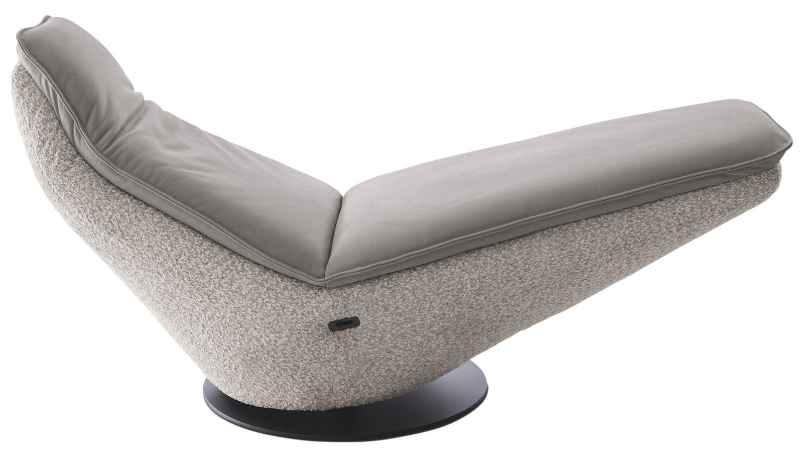 Seitliche Ansicht einer modernen Schaukelliege mit grauem Polster und strukturiertem Stoffbezug auf einem runden Sockel.