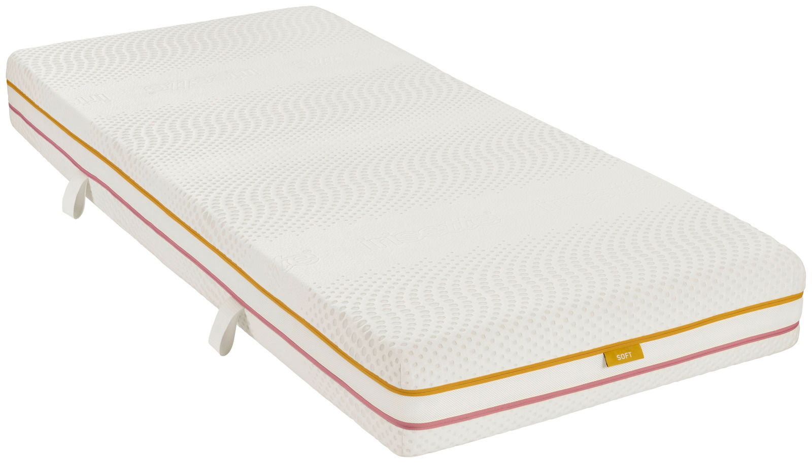 Matratze 200x200 SOFT/MEDIUM in seitlicher Perspektive mit strukturiertem Bezug und farbigen Akzenten