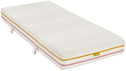 Matratze 200x200 SOFT/MEDIUM in seitlicher Perspektive mit strukturiertem Bezug und farbigen Akzenten