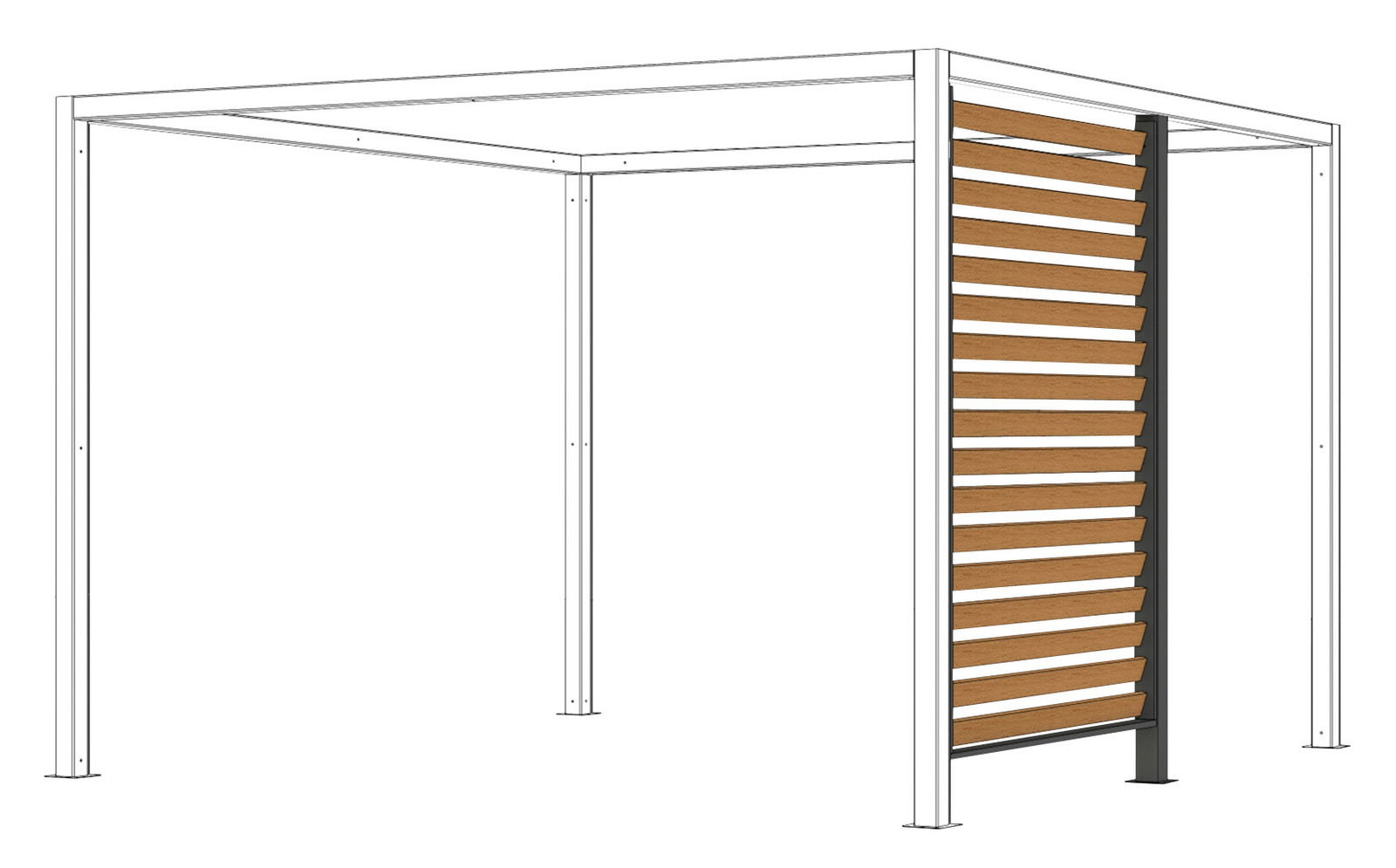 Sichtschutz in Holzoptik mit einem modernen, weißen Rahmen und einer Lamellenstruktur, seitliche Perspektive.