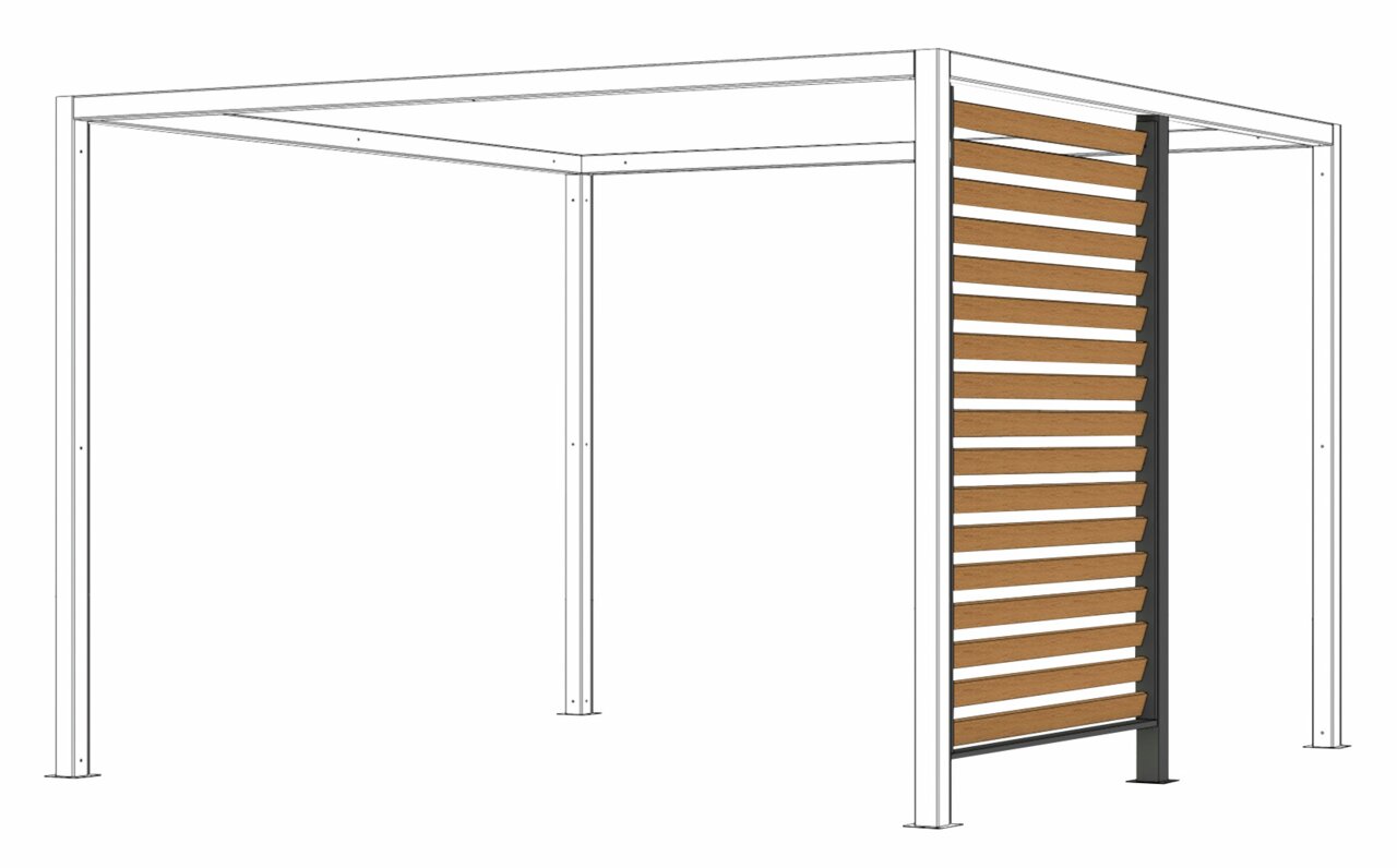 Sichtschutz in Holzoptik mit einem modernen, weißen Rahmen und einer Lamellenstruktur, seitliche Perspektive.