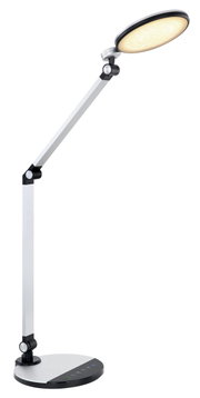 Moderne Tischleuchte mit verstellbarem Arm und rundem Leuchtkopf, seitliche Perspektive