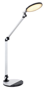 Moderne Tischleuchte mit verstellbarem Arm und rundem Leuchtkopf, seitliche Perspektive