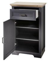 Schmaler Schuhschrank JUDITH in dunklem Holz mit geöffneter Tür und Schublade, Vorderansicht