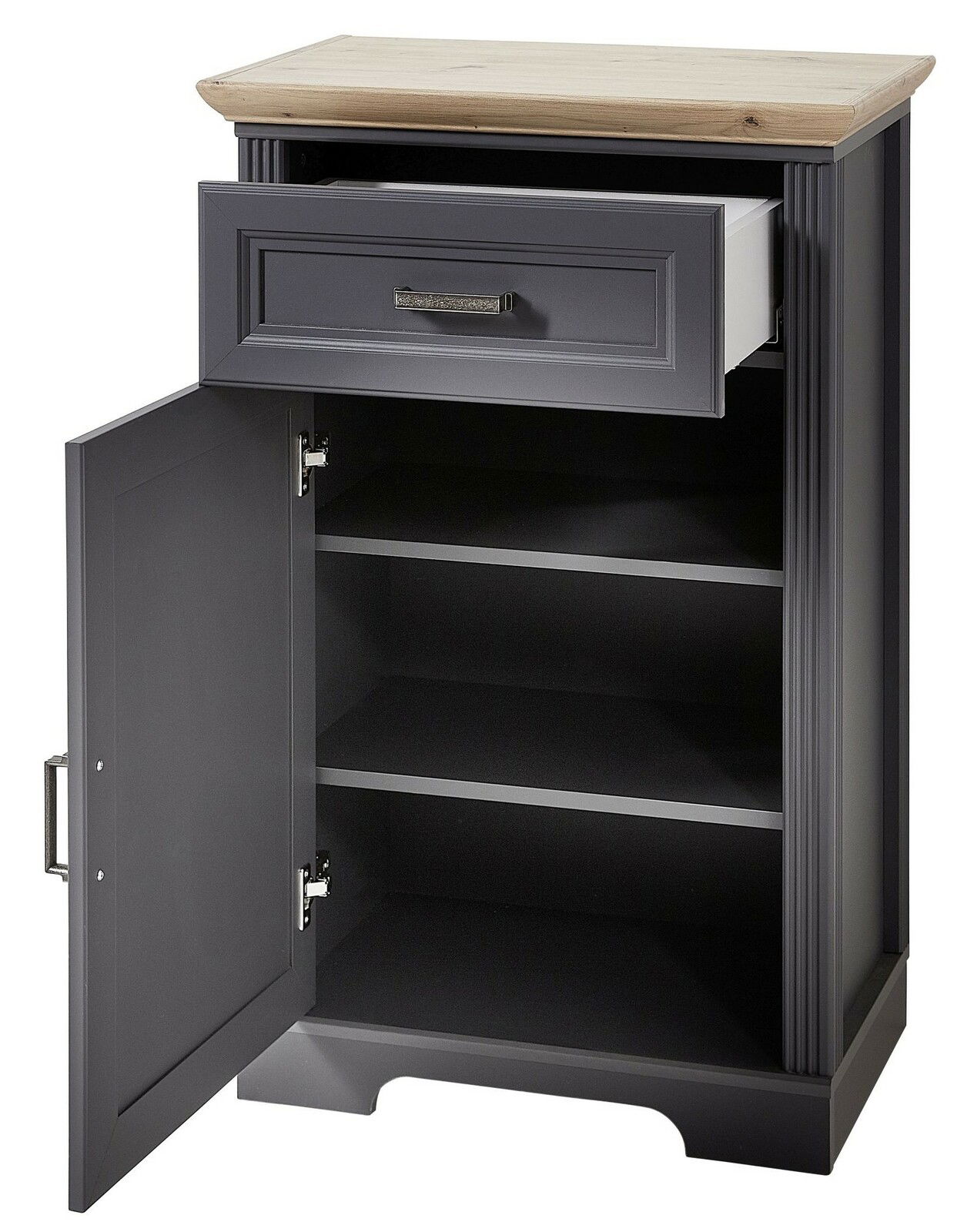 Schmaler Schuhschrank JUDITH in dunklem Holz mit geöffneter Tür und Schublade, Vorderansicht