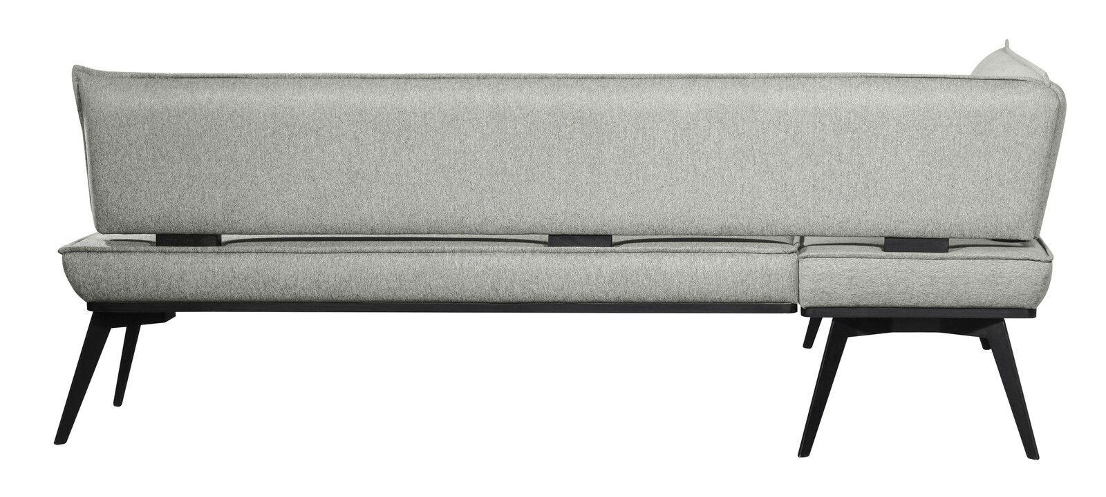 Rückansicht einer grauen Eckbank mit schwarzen Beinen, Modell VOLOS.