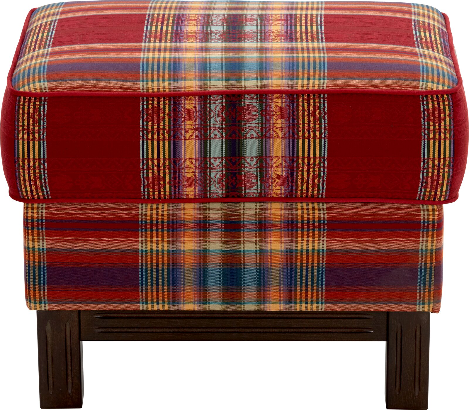 Gepolsterter Hocker mit rot-buntem Karomuster und dunklen Holzbeinen, Frontansicht