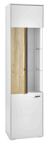 Moderne Vitrine mit weißem Korpus und Holzelementen, Glasregale und seitlicher Perspektive.