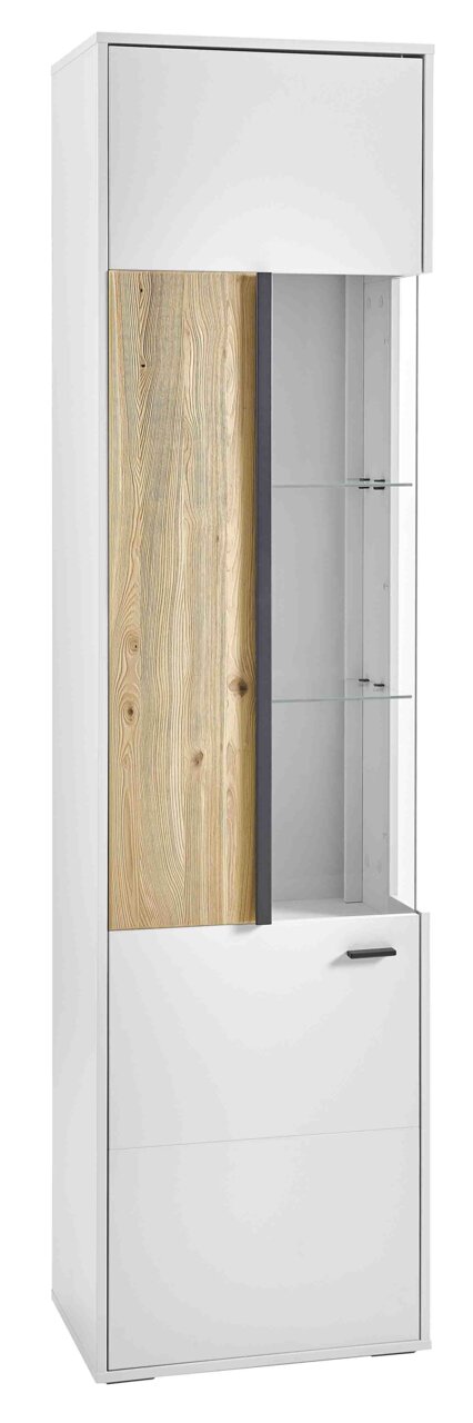 Moderne Vitrine mit weißem Korpus und Holzelementen, Glasregale und seitlicher Perspektive.