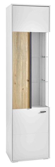 Moderne vitrinekast met een witte romp en houten elementen, glazen planken en een zijaanzicht.