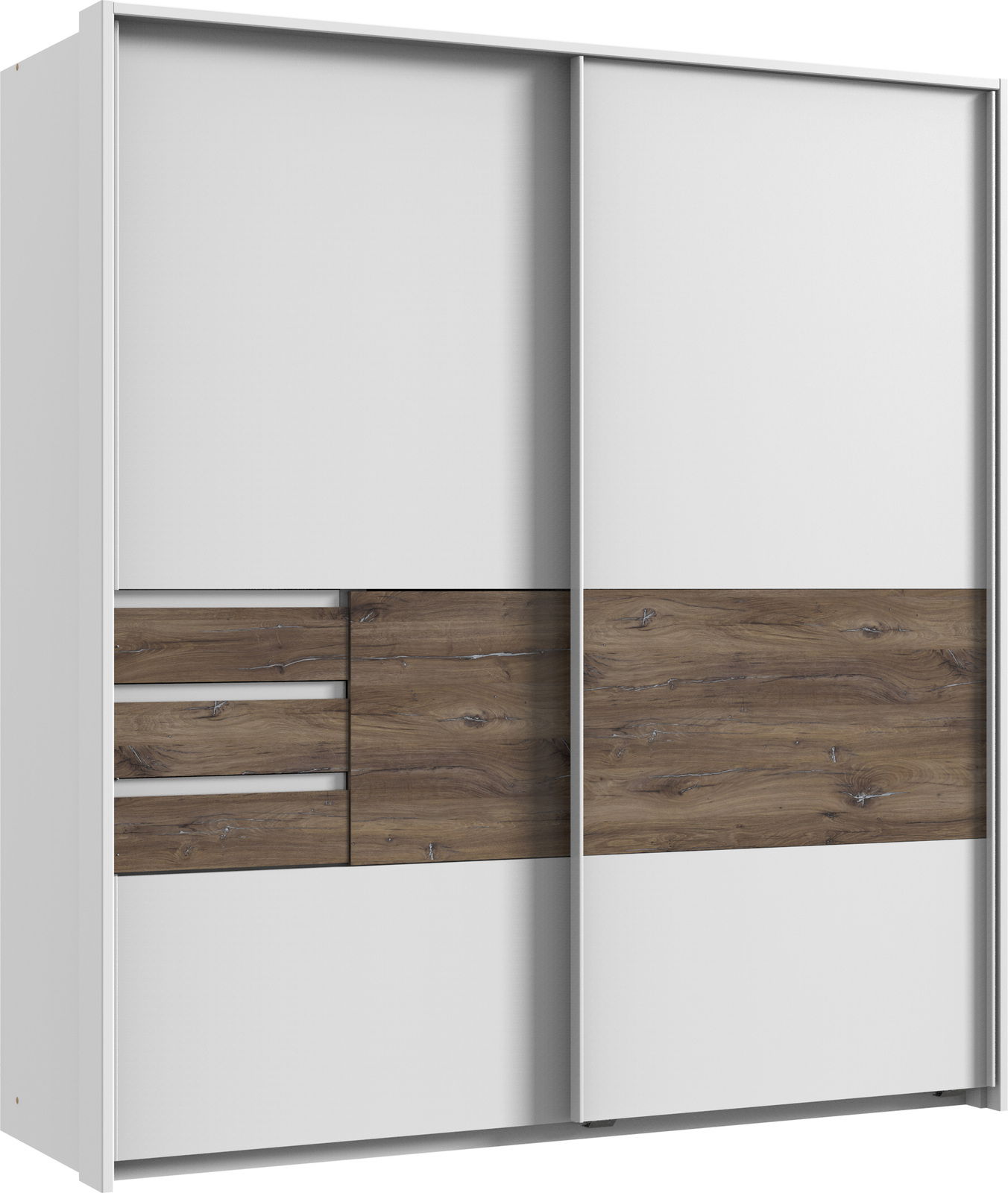 Z2 Schwebetürenschrank 2trg. BAMBERG Schwebetürenschrank BAMBERG mit zwei Türen, Frontansicht, weiße und holzfarbene Paneele kombiniert.