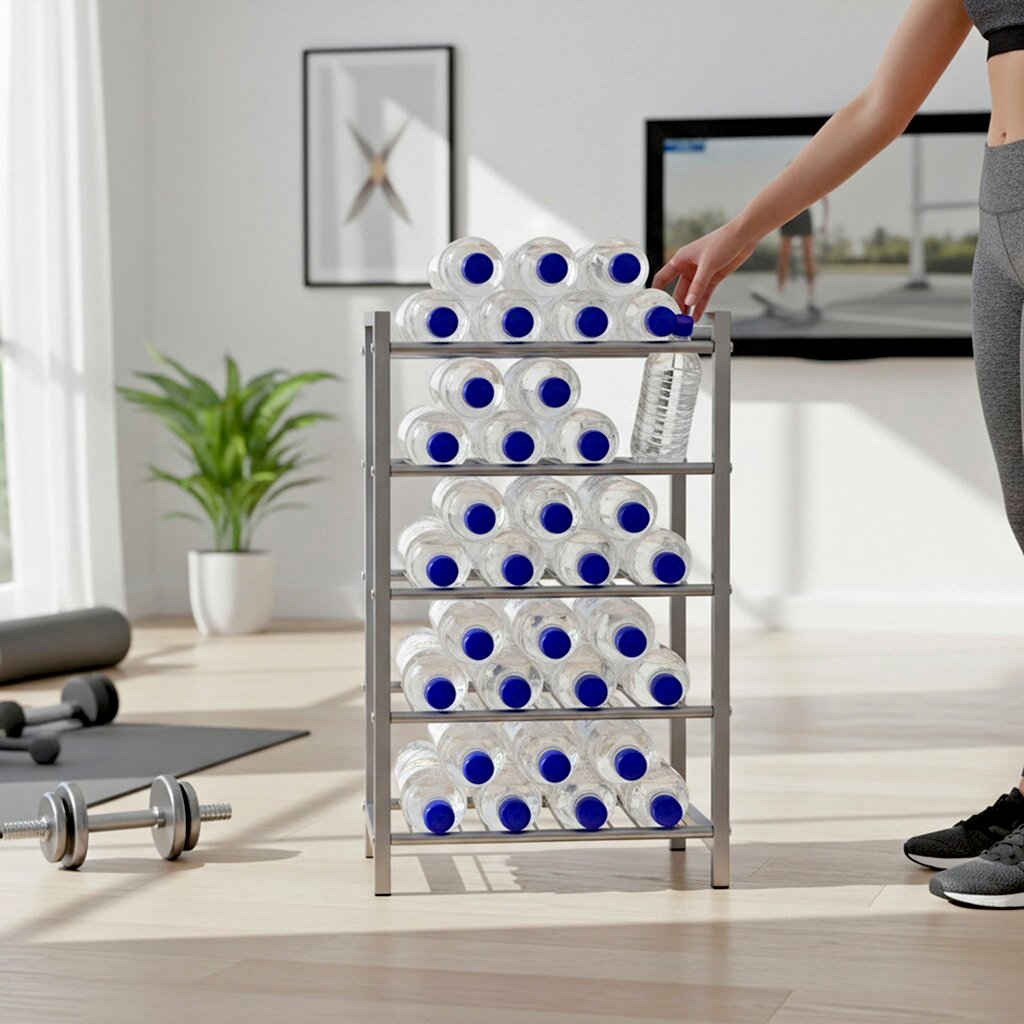 Silbernes Metallregal zur Aufbewahrung von Wasserflaschen, mit mehreren transparenten Flaschen mit blauen Deckeln gefüllt seitliche Frontansicht im Fitnessraum, eine Person greift nach einer Flasche.