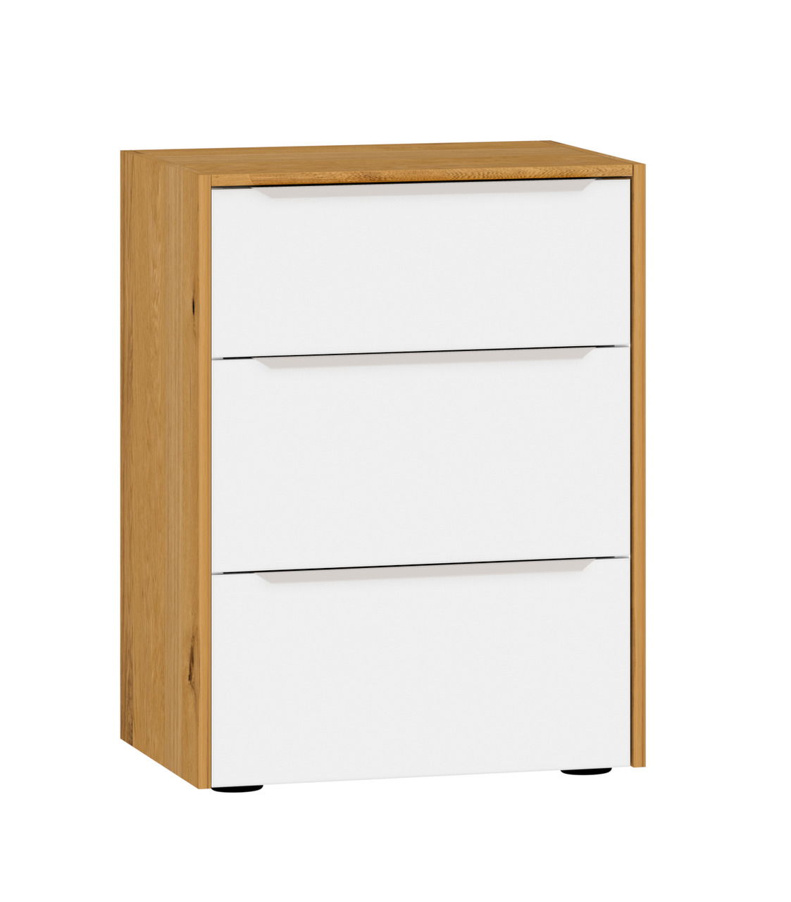 Nachtkommode mit drei weißen Schubladen und einem Holzrahmen, seitliche Perspektive