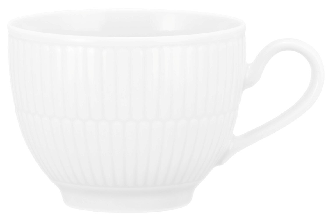 Witte koffiekop met geribbeld patroon, zijaanzicht