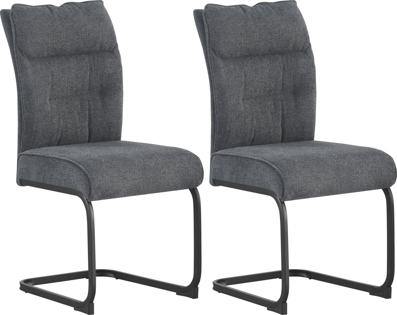 Zwei gepolsterte Freischwinger-Stühle mit dunkelgrauem Stoffbezug und schwarzem Metallgestell, schräg von vorne in leichter Seitenansicht freigestellt auf weißem Hintergrund.
