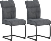 Zwei gepolsterte Freischwinger-Stühle mit dunkelgrauem Stoffbezug und schwarzem Metallgestell, schräg von vorne in leichter Seitenansicht freigestellt auf weißem Hintergrund.