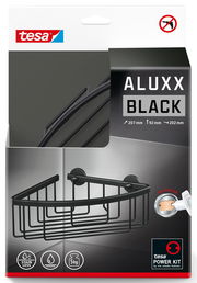 Schwarzes Eck-Duschregal von tesa ALUXX BLACK, perspektivisch von vorne gezeigt, mit einfacher Montage ohne Bohren.