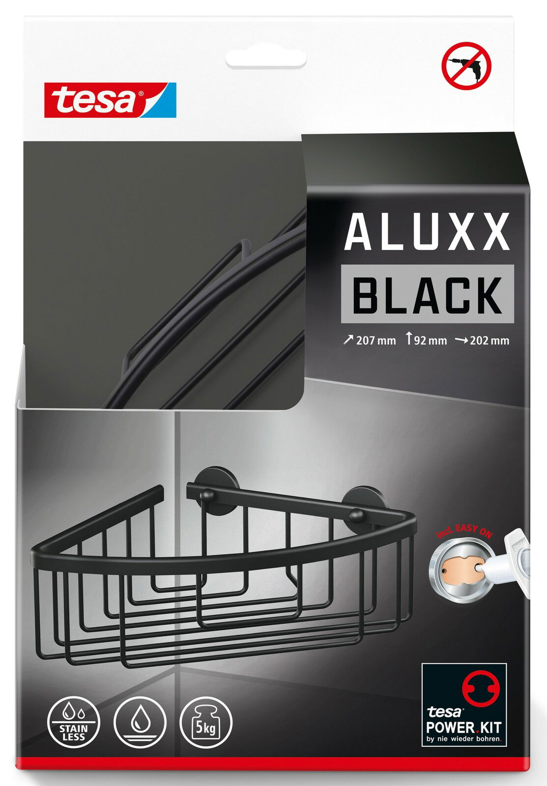 Schwarzes Eck-Duschregal von tesa ALUXX BLACK, perspektivisch von vorne gezeigt, mit einfacher Montage ohne Bohren.