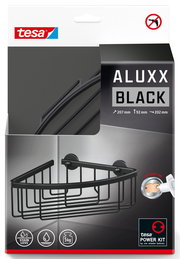 Schwarzes Eck-Duschregal von tesa ALUXX BLACK, perspektivisch von vorne gezeigt, mit einfacher Montage ohne Bohren.