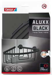 Schwarzes Eck-Duschregal von tesa ALUXX BLACK, perspektivisch von vorne gezeigt, mit einfacher Montage ohne Bohren.