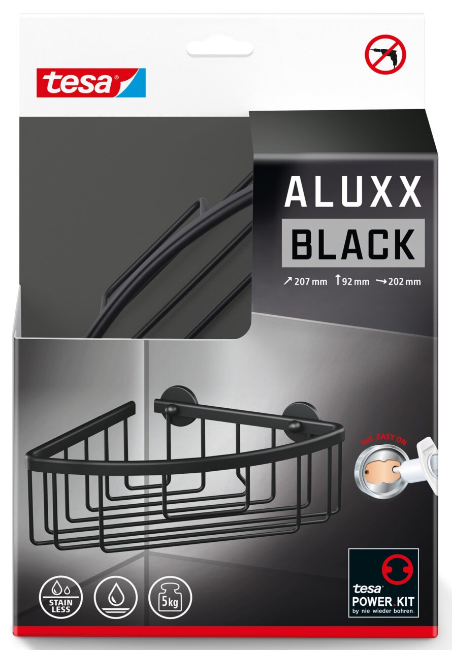 Schwarzes Eck-Duschregal von tesa ALUXX BLACK, perspektivisch von vorne gezeigt, mit einfacher Montage ohne Bohren.