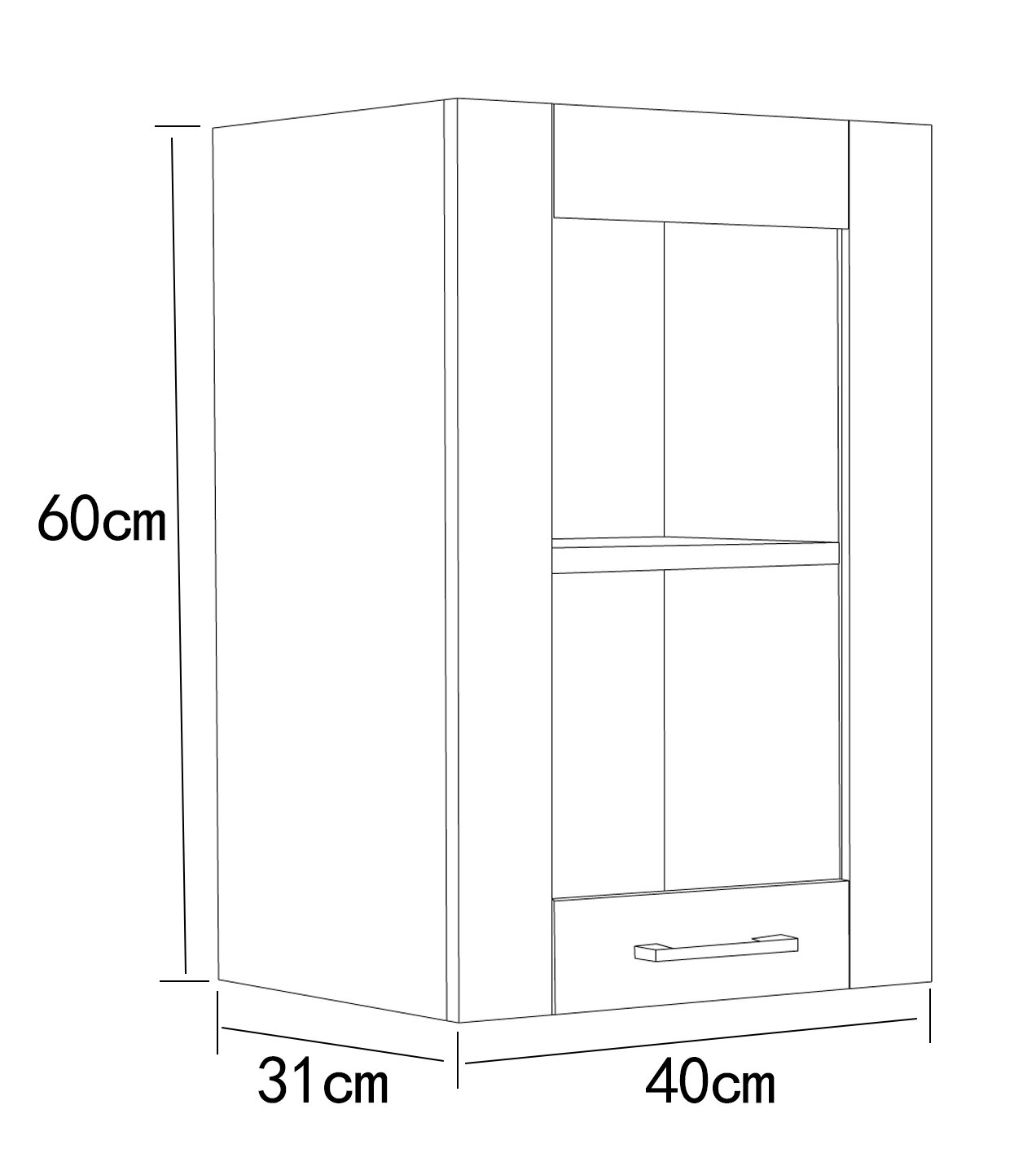 Skizze eines rechteckigen Hängeschranks mit offener Front, einem Einlegeboden und einer Schublade mit Griff; Maße 60 cm Höhe, 40 cm Breite und 31 cm Tiefe, dargestellt in schräger Vorderansicht (3/4-Perspektive)