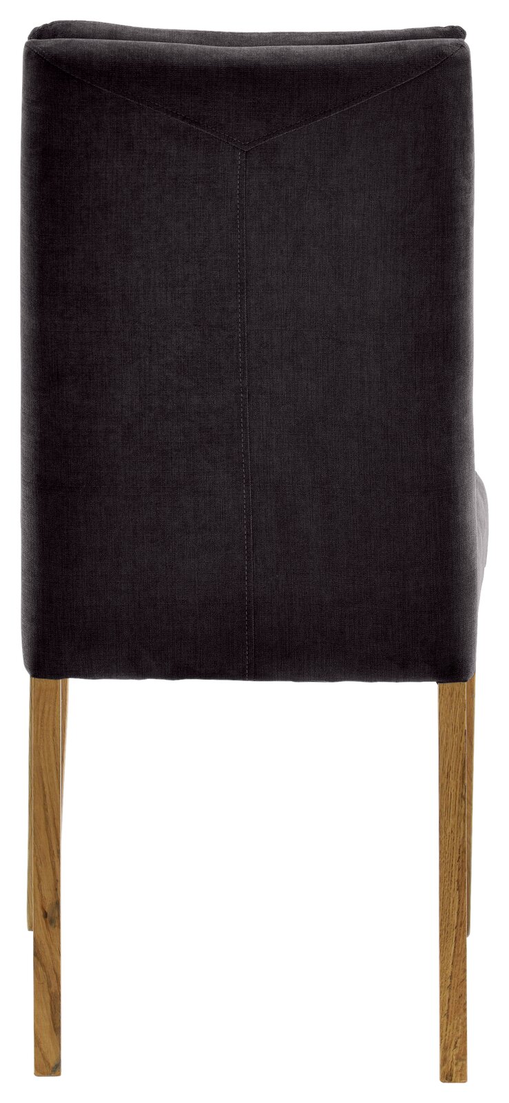 Rückansicht eines modernen Stuhls mit dunklem Stoffbezug und Holzbeinen.
