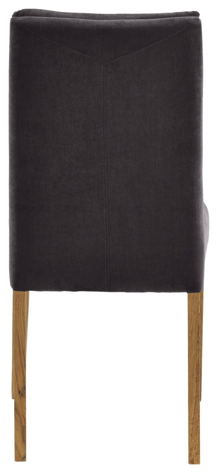 Rückansicht eines modernen Stuhls mit dunklem Stoffbezug und Holzbeinen.