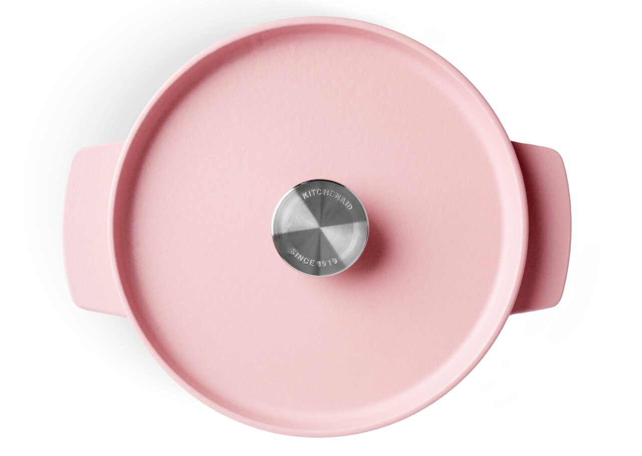 Rosa Gusseisen Bräter, runde Form, Draufsicht