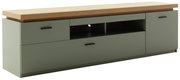 TV-Lowboard MONIZ in modernem Design mit Holzplatte und grünen Schubladen, seitliche Perspektive