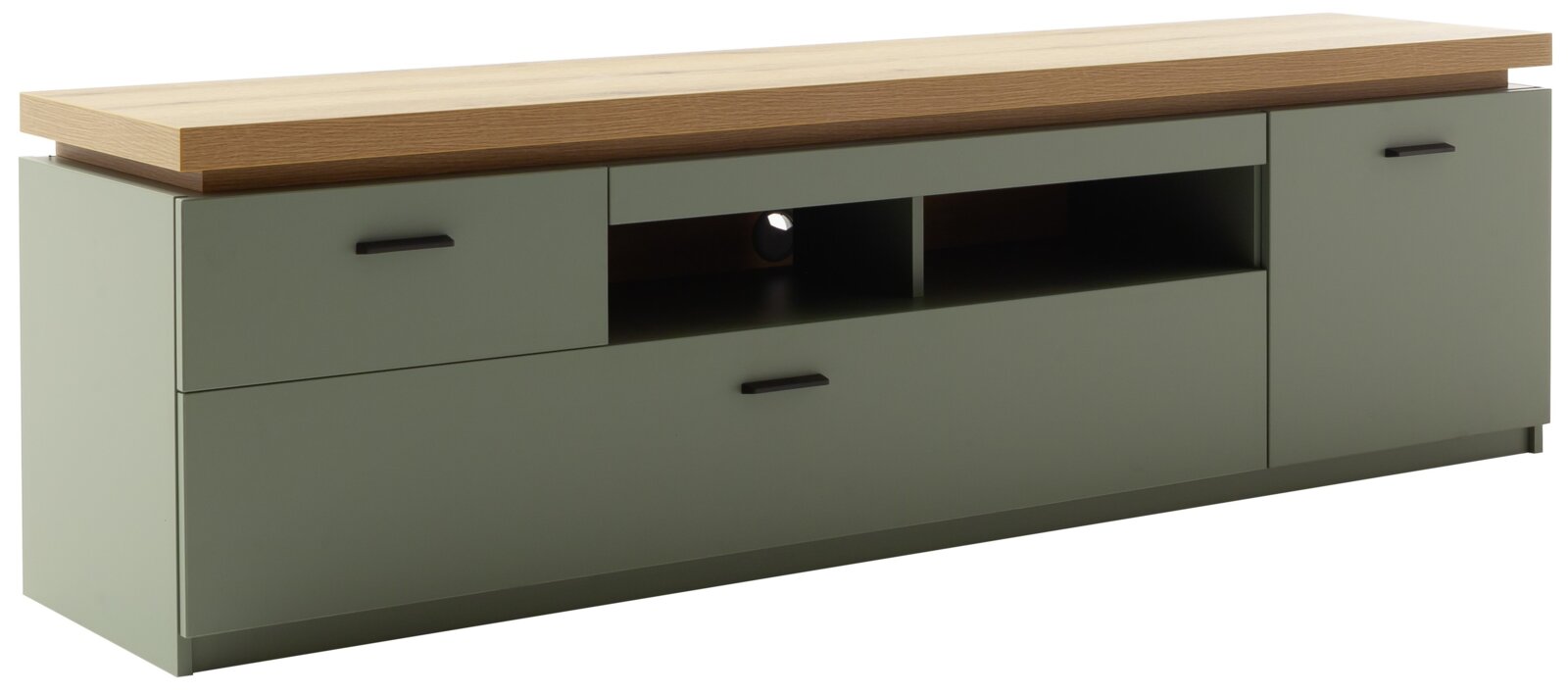 TV-Lowboard MONIZ in modernem Design mit Holzplatte und grünen Schubladen, seitliche Perspektive