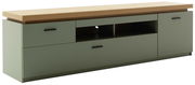 TV-Lowboard MONIZ in modernem Design mit Holzplatte und grünen Schubladen, seitliche Perspektive