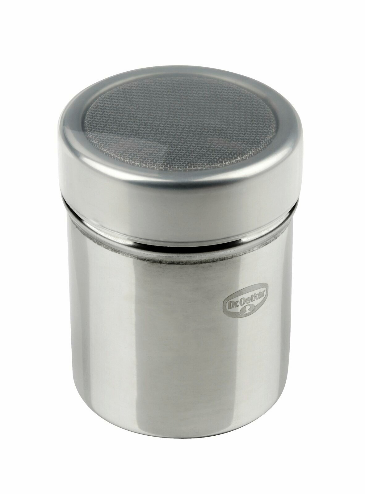 Metallischer Siebstreuer mit feinem Sieb und seitlichem Logo, Ansicht von schräg oben.