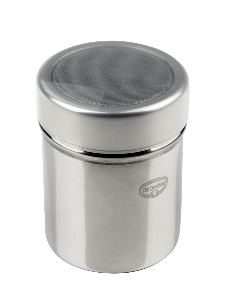 Metallischer Siebstreuer mit feinem Sieb und seitlichem Logo, Ansicht von schräg oben.