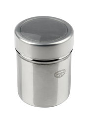 Metallischer Siebstreuer mit feinem Sieb und seitlichem Logo, Ansicht von schräg oben.