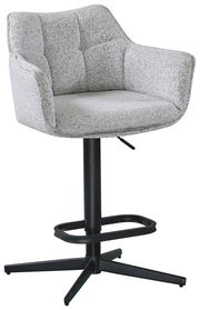 Grauer Barhocker mit gepolsterter Sitzfläche und Rückenlehne, schwarzem Metallgestell und Fußstütze, seitliche Perspektive