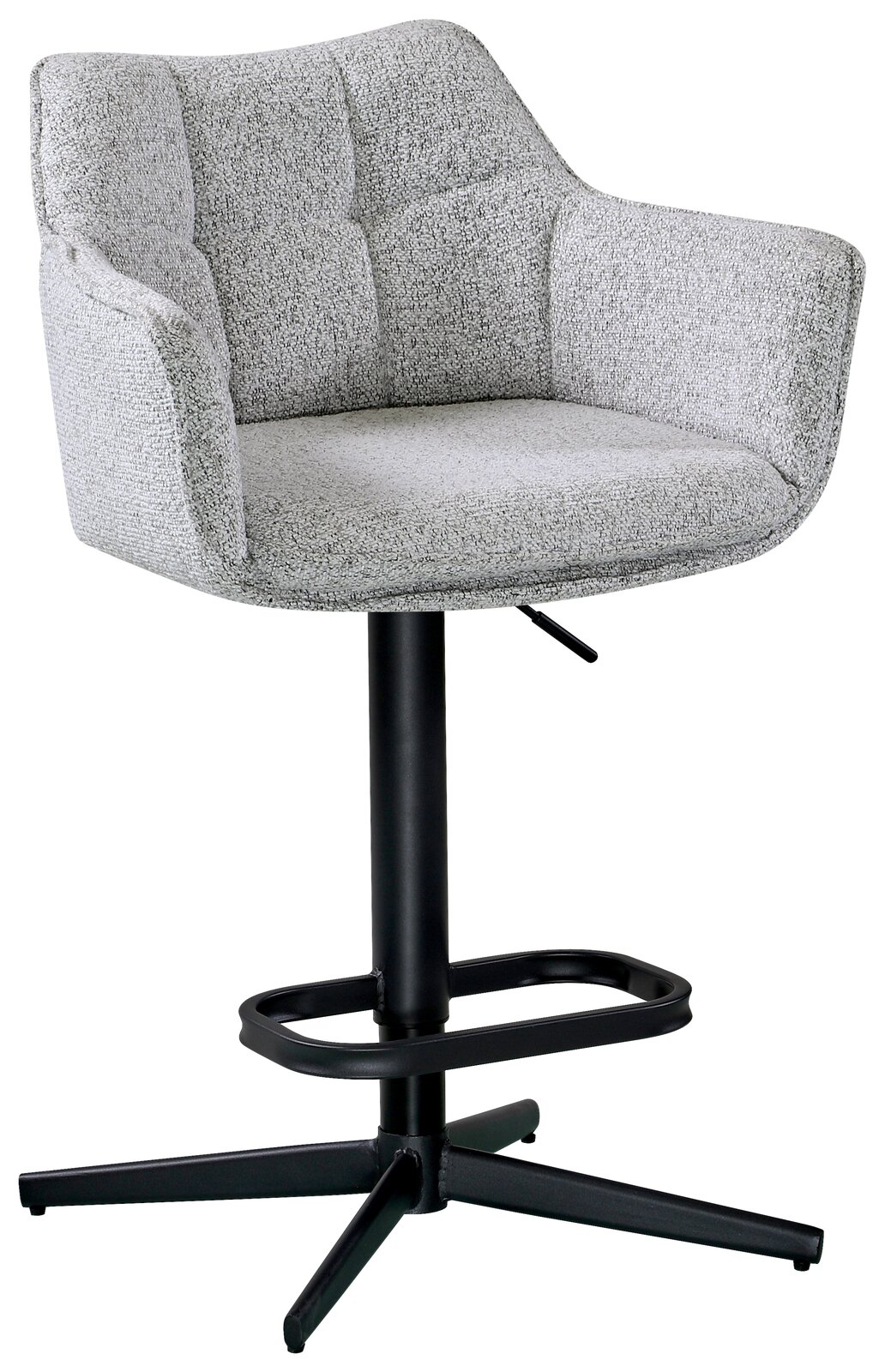 Grauer Barhocker mit gepolsterter Sitzfläche und Rückenlehne, schwarzem Metallgestell und Fußstütze, seitliche Perspektive