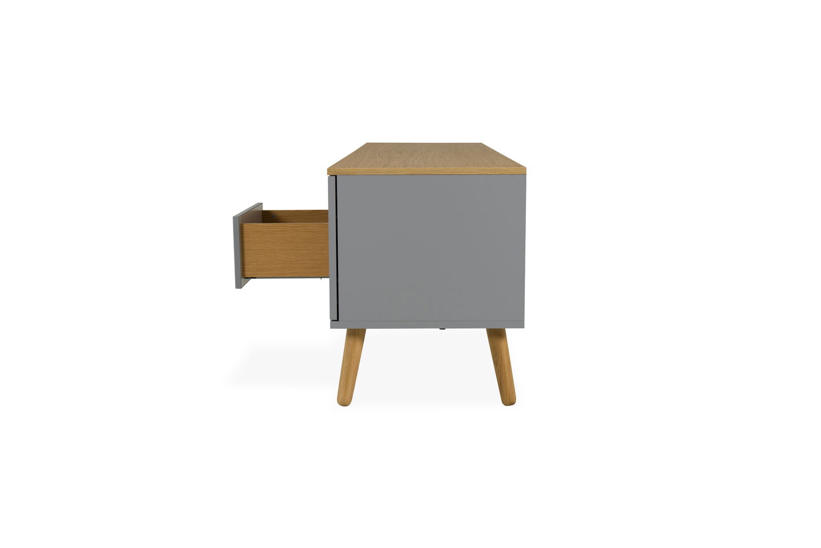 Seitenansicht eines TV-Boards mit grauer Front und Holzbeinen, eine Schublade ist geöffnet.