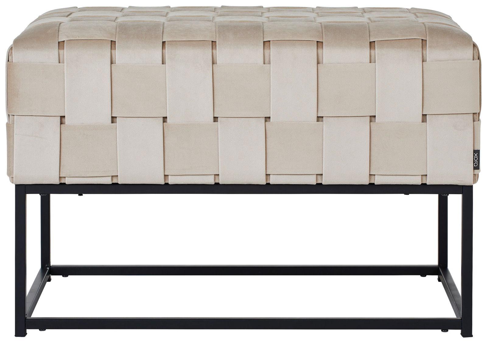 Hockerbank mit beigem, geflochtenem Polster und schwarzem Metallgestell, Frontalansicht