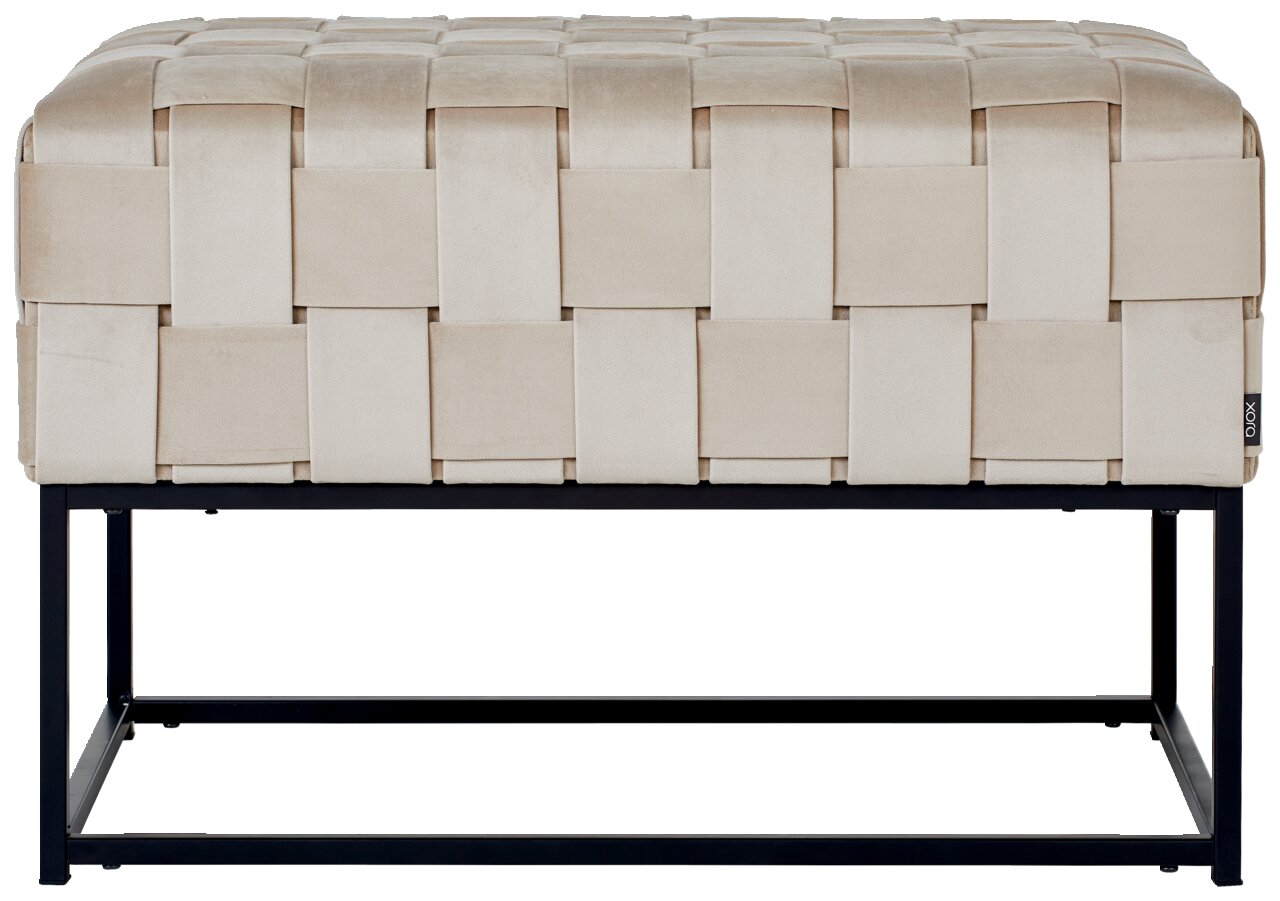 Zitbank met beige, gevlochten bekleding en zwart metalen frame, vooraanzicht