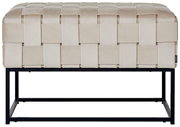 Zitbank met beige, gevlochten bekleding en zwart metalen frame, vooraanzicht