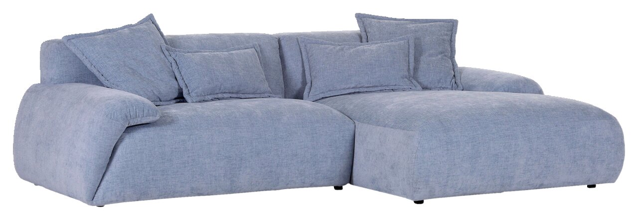 Graues Ecksofa PONTO mit runden Ecken und mehreren Kissen, seitliche Perspektive
