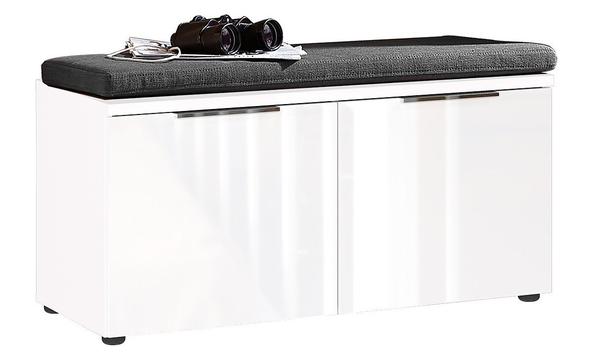 MID.YOU Garderoben-Set GENOVA Weiße Garderobenbank mit zwei Türen und schwarzem Sitzpolster, seitliche Perspektive