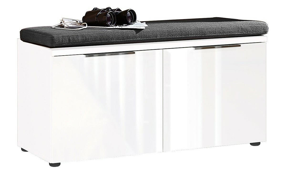 Weiße Garderobenbank mit zwei Türen und schwarzem Sitzpolster, seitliche Perspektive