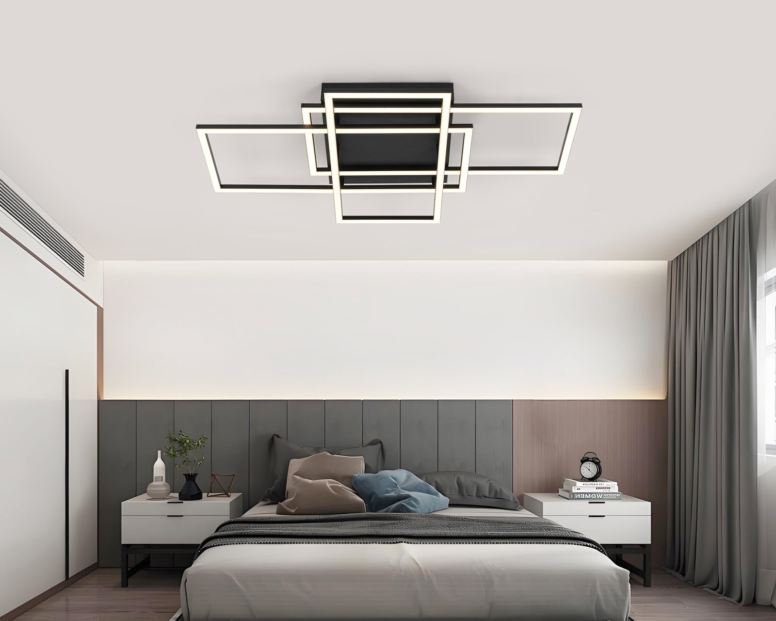 Moderne LED-Deckenleuchte in geometrischem Design, von unten betrachtet in einem stilvollen Schlafzimmer.