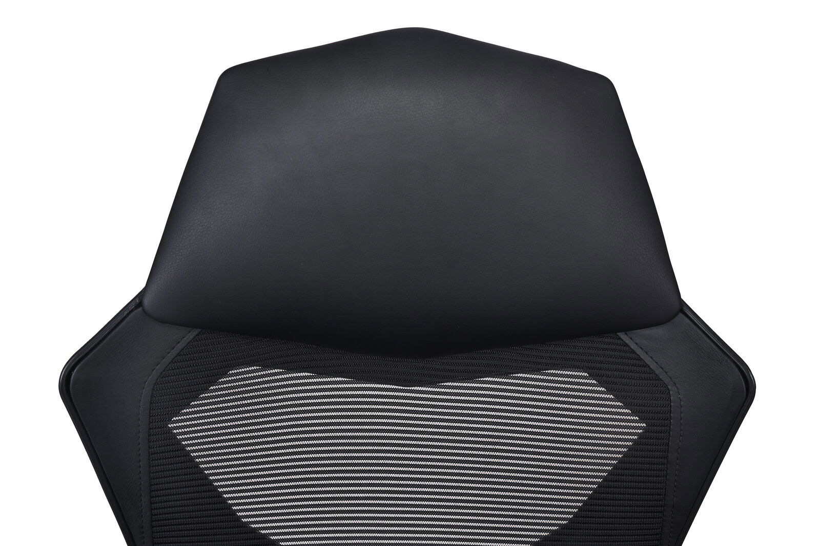 Rückansicht der Rückenlehne eines Gaming Stuhls mit schwarzem Leder und atmungsaktivem Netzstoff.