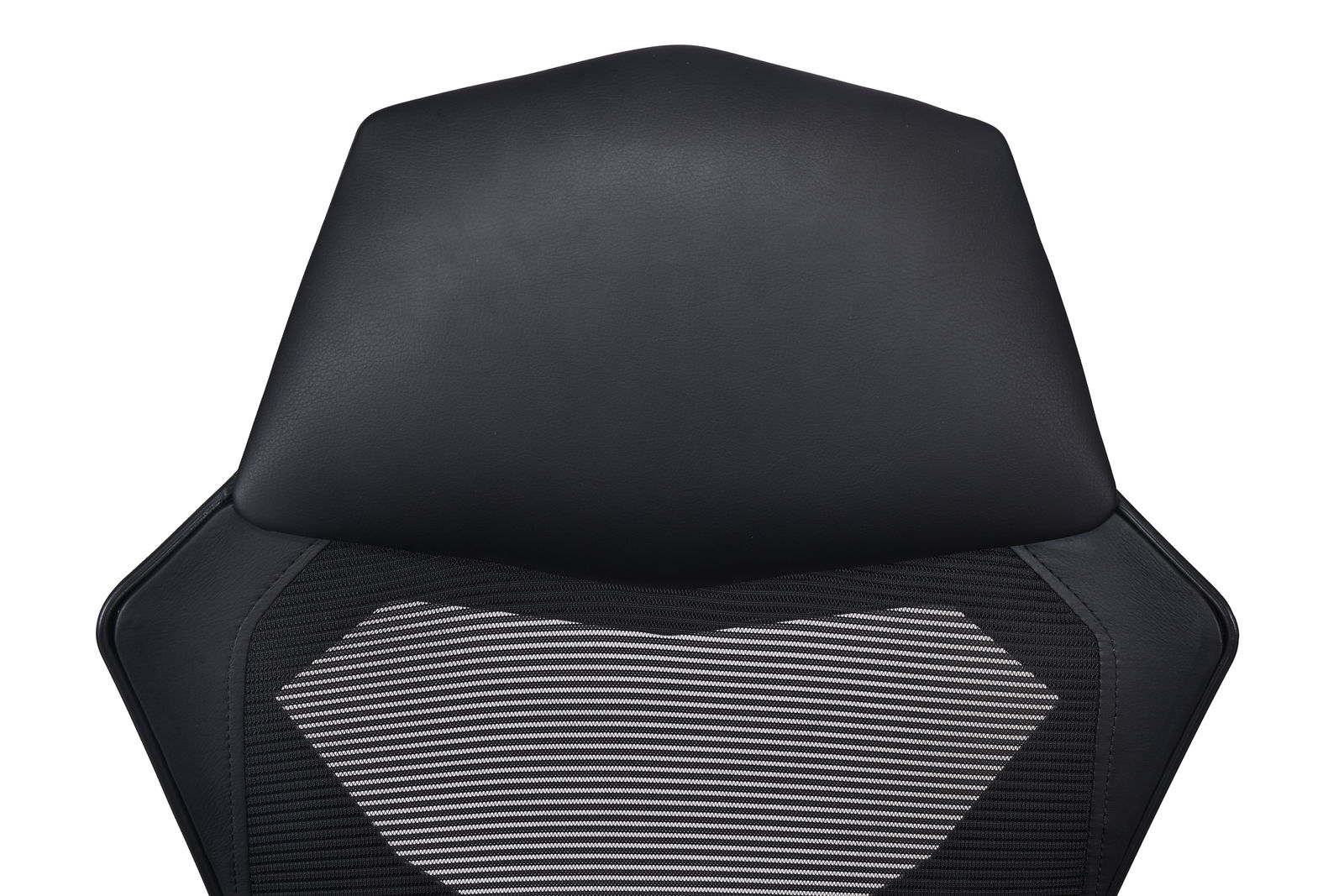 Rückansicht der Rückenlehne eines Gaming Stuhls mit schwarzem Leder und atmungsaktivem Netzstoff.