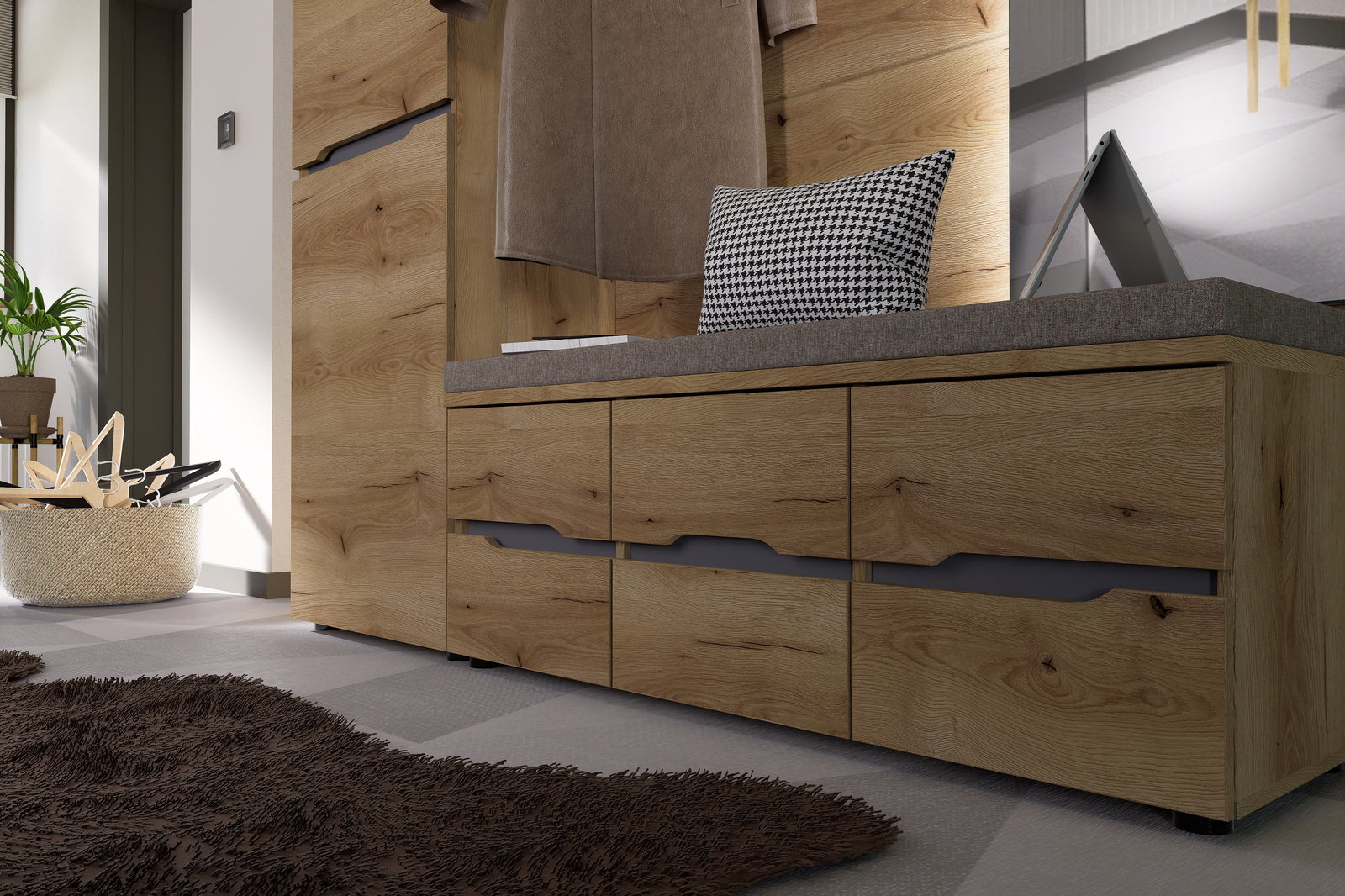 Holz-Garderobenbank mit Kissen, seitliche Perspektive